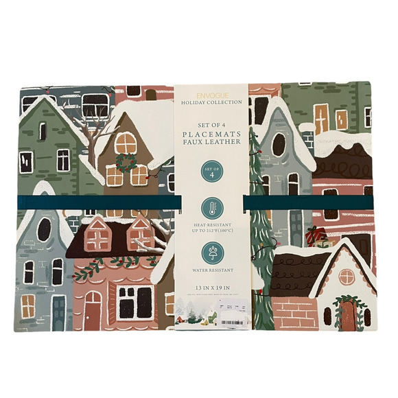 Envogue Christmas Village Faux Leather Placemats 13x19 Set of 4 New - Picture 1 of 10